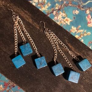 Unique Handmade Chain & cubed bright blue/turquoise bead earrings. 1 of a kind!